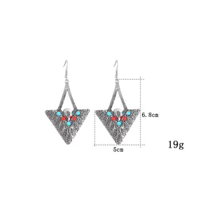 Vintage alloy triangle drop earrings with colorful beads ethnic jewelry detail view
