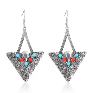 Vintage Alloy Triangle Engraved Drop Earrings For Women Ethnic Geometric Inlaid Bead Rhinestone Earrings Boho Jewelry Gift