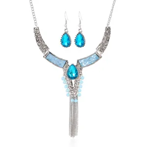 Vintage Legierung Strass Quaste Halskette Ohrringe Set Geometrische Kette Choker Für Damen Ethnischen Schmuck