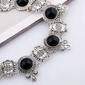 Vintage statement ketting met zwarte stenen versierde zilveren metalen schakels sieraden