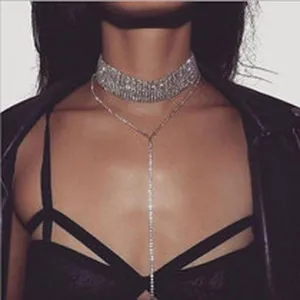 Fashion multi-layer rhinestone choker necklace set women elegant silver crystal body jewelry