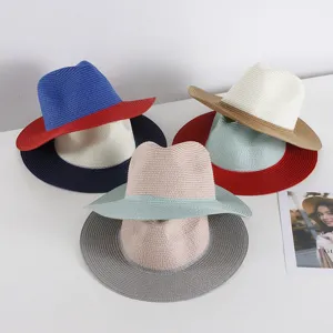 Elegante sombrero fedora de paja bicolor para hombres y mujeres, protección solar de verano.