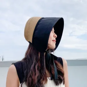 Women sun protection straw spliced bucket hat anti-uv outdoor beach hat details view