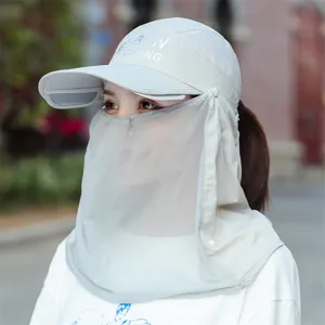 Summer sun protection hat with face mask and neck flap, UV blocking outdoor cap for women.