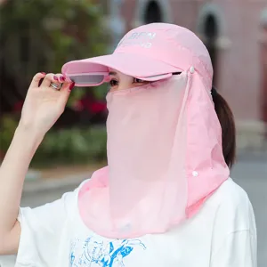 Pink sun protection hat with face shield and neck flap for summer outdoor UV protection.