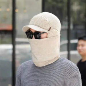 Men winter warm knitted beanie hat with fleece face mask and earflaps khaki color.