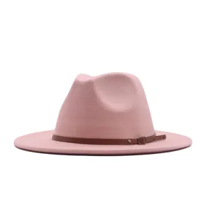 Chapeau fedora en laine rose pour femmes, chapeau de jazz vintage automne hiver avec fine ceinture.