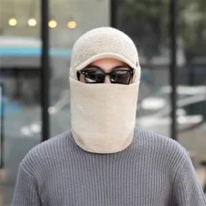 Men winter knitted hat fleece warm thermal beanie cap with face mask for cold weather daily wear