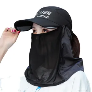 Black sun protection hat with face shield and neck flap UV blocking outdoor cycling cap