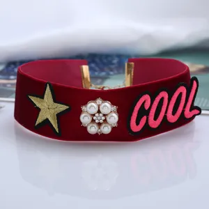 Red velvet choker necklace with star, pearl flower and COOL embroidery for women.