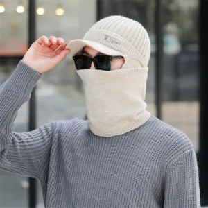 Winter warme Strickmütze mit integriertem Schal, Schirmmütze für Herren Outdoor Kälte.