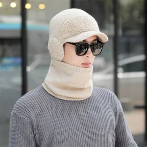 Men winter warm knitted hat fleece thick earflap beanie neck warmer set stylish cold weather