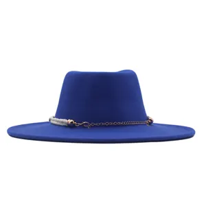 Blue wool felt fedora hat wide brim stylish jazz cap with chain and rope decoration