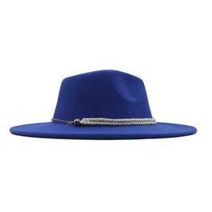 Blue wool felt fedora hat detail, flat wide brim, elegant rope chain band, minimalist style.