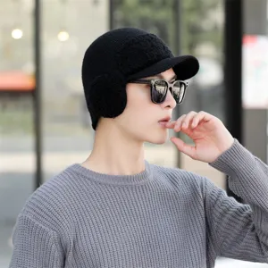 Men winter warm knitted hat with earflaps thick fleece lined black beanie cap for cold weather