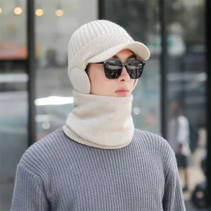Winter herren strickmuetze und schal set, gefuetterte warme beanie muetze fuer outdoor.