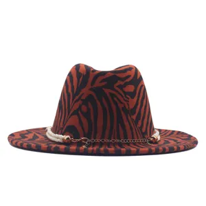 Cappello fedora jazz in feltro di lana autunno inverno con catena perle, tesa larga.