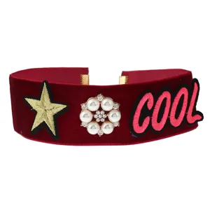 Red velvet choker necklace with pearl flower star embroidery and cool letter chic jewelry