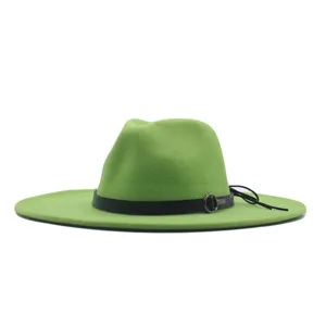 Unisex gruener Wollfilz Fedora Hut mit schwarzem Guertel und Metallring fuer Herbst Winter