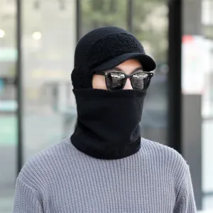 Men's winter knitted hat with integrated scarf, thick fleece-lined warm black cap.