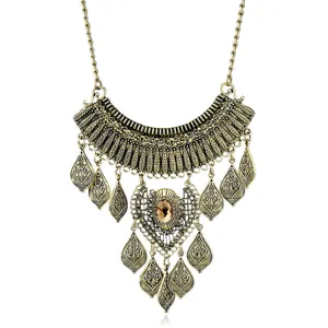 Vintage Alloy Rhinestone Leaf Tassel Necklace Statement Carved Leaves Choker Necklace For Party Banquet Unisex Jewelry Gift
