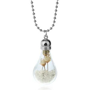Long glass bottle dried flower pendant necklace, vintage style sweater chain with crystal stones.