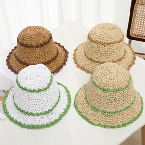 Sombrero de Paja Tipo Pescador Para Mujer Ala Ancha Parasole Rayado Tejido Sombrero de Playa Casual Verano