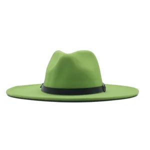 Grüner Woll Filzhut Fedora Hut Damen Herren Herbst Winter Jazzhut mit schwarzem Gürtel.