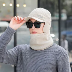 Herren Winter warme Strickmuetze mit Ohrklappen und Schal, Outdoor Radfahren winddichte Beanie.