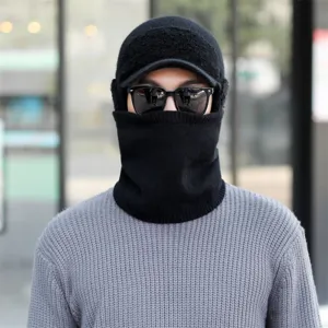 Men winter knitted hat and neck warmer set, fleece lined thick warm thermal cap for cold weather.