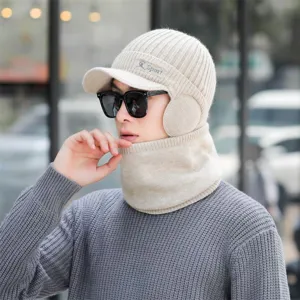 Herren Winter warme Strickmütze und Schal Set dick gefüttert Outdoor Radfahren Mütze beige