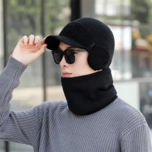 Men winter knitted hat fleece lined warm earflap cap and neck warmer set black thick