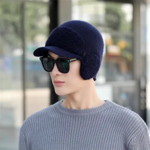 Men winter knit hat with earflaps thickened warm fleece lined casual beanie cap for cold weather