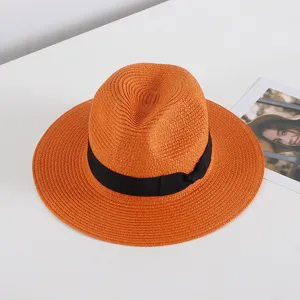 Sombrero fedora de paja de verano para hombres y mujeres, sombrero de sol naranja con cinta negra.