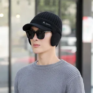 Herren Winter Strickmütze mit Schirm und Ohrenklappen, warme dicke Beanie Mütze für Outdoor Radfahren.