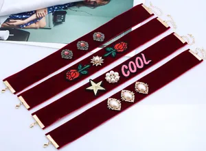 Velvet choker necklace set featuring vintage pearl, rose embroidery and unique letter badge.