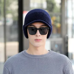 Men winter knitted fleece lined warm hat with earflaps and visor stylish cold weather cap