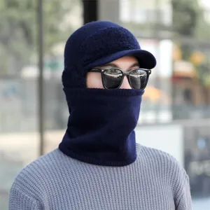 Detailed close-up view of the winter knitted hat and neck warmer set for men, dark blue.