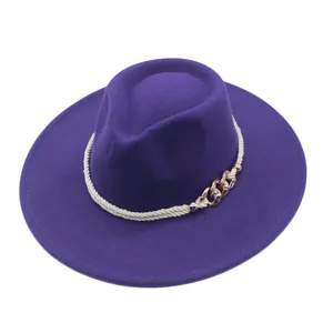 Stylish purple woolen fedora hat with white rope and metal chain for men and women.