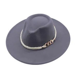 Classic grey wool fedora hat with a stylish rope and chain band for men and women wide brim.