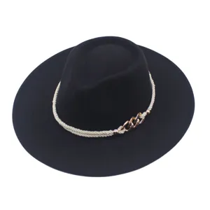 Classic black woolen fedora hat with beige rope and metal chain, stylish flat wide brim.