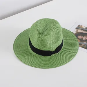 Sombrero de paja de verano para hombre y mujer, sombrero verde con cinta negra, estilo fedora.