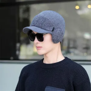 Winter knitted hat for men, thick fleece lined warm beanie with brim and ear flaps for cold weather.