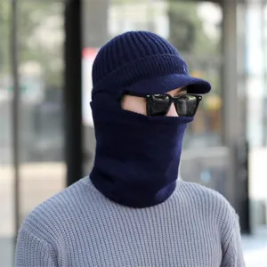 Herren Winter Thermisch Strickmütze mit Schal Kapuze gefüttert Fleece Outdoor Mütze
