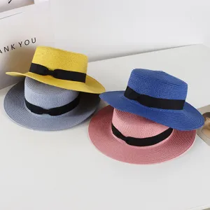 Fashion women flat top straw hat summer vintage beach sun hat with black bow detail