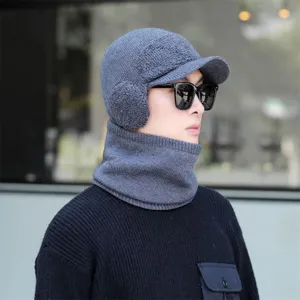 Men winter knitted hat and neck warmer set, thick warm fleece lined grey trapper cap for cold weather.
