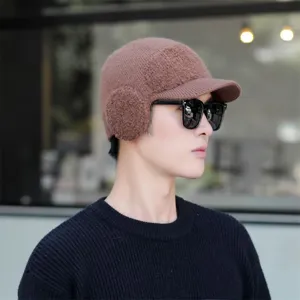 Men winter thick fleece knit hat with ear flaps warm brown beanie cap for cold weather detail