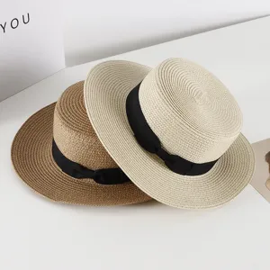 Vintage Straw Boater Hat For Women Wide Brim Sun Hat With Black Ribbon Bow Flat Top Breathable Beach Summer Cap Accessories Travel