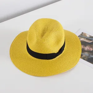 Sombrero de paja amarillo fedora para sol, elegante sombrero panama de playa con cinta negra.