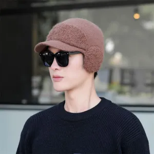 Men's winter knit hat with earflaps and brim, thick warm fleece-lined beanie for cold weather outdoor.